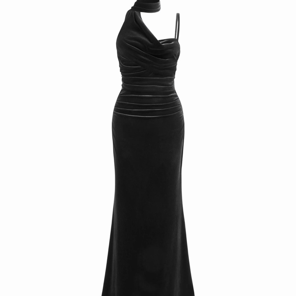 VELVET HALTER NECKLINE RUCHED CAMI MAXI DRESS WITH SCARF